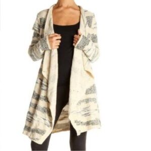 Lucky Brand Long Sleeve Ivory Blue Open Front Waterfall Cardigan Sweater Size L